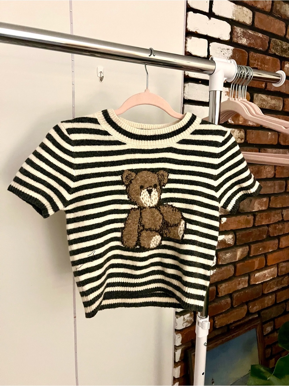 Freshman Black & White Striped Teddy Knit Tee with Brown Applique